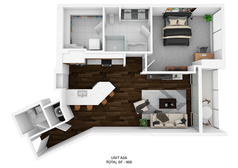 Floor plan for 1 bed, 1.5 baths, 906 sqft